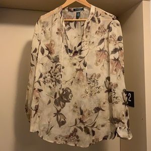 LAUREN RALPH LAUREN Sheer Floral Tan Blouse